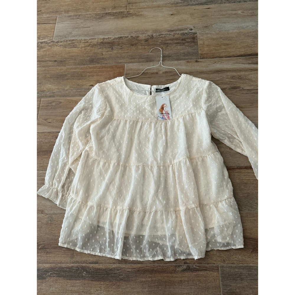 Pretty Garden Women's Size S Cream Tier Blouse Shirt with Dots‎ NWT